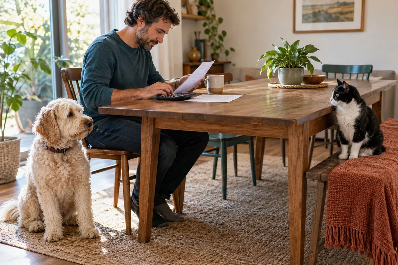 Owner reading insurance papers at a table with a dog and cat nearby